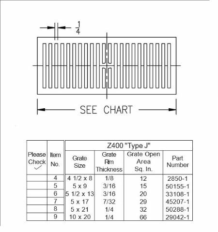 Z400 Type J Rectangular Grate 4 1/2" x 8" x 1/8"