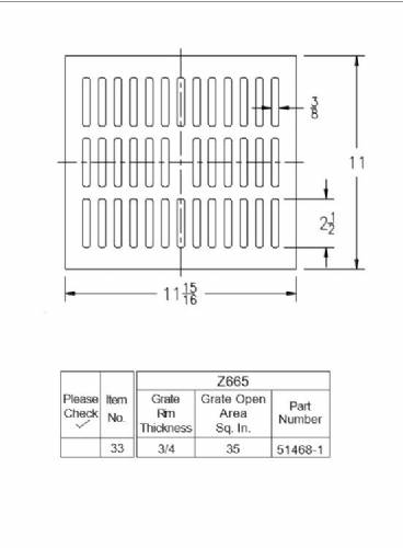 Z665 Rectangular grate 11 15/16" x 11" x 3/4"